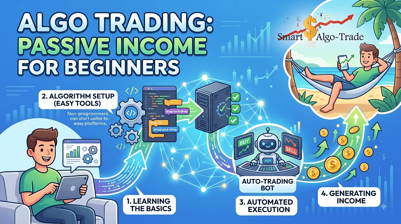 Infographic on algo trading passive income for beginners, showing simple steps to set up an automated trading system