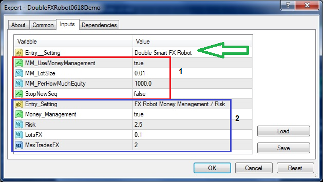 Double FX Robot expert advisor parameters in MT4